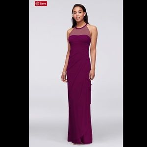 Sangria Long Mesh Dress with Illusion Neckline